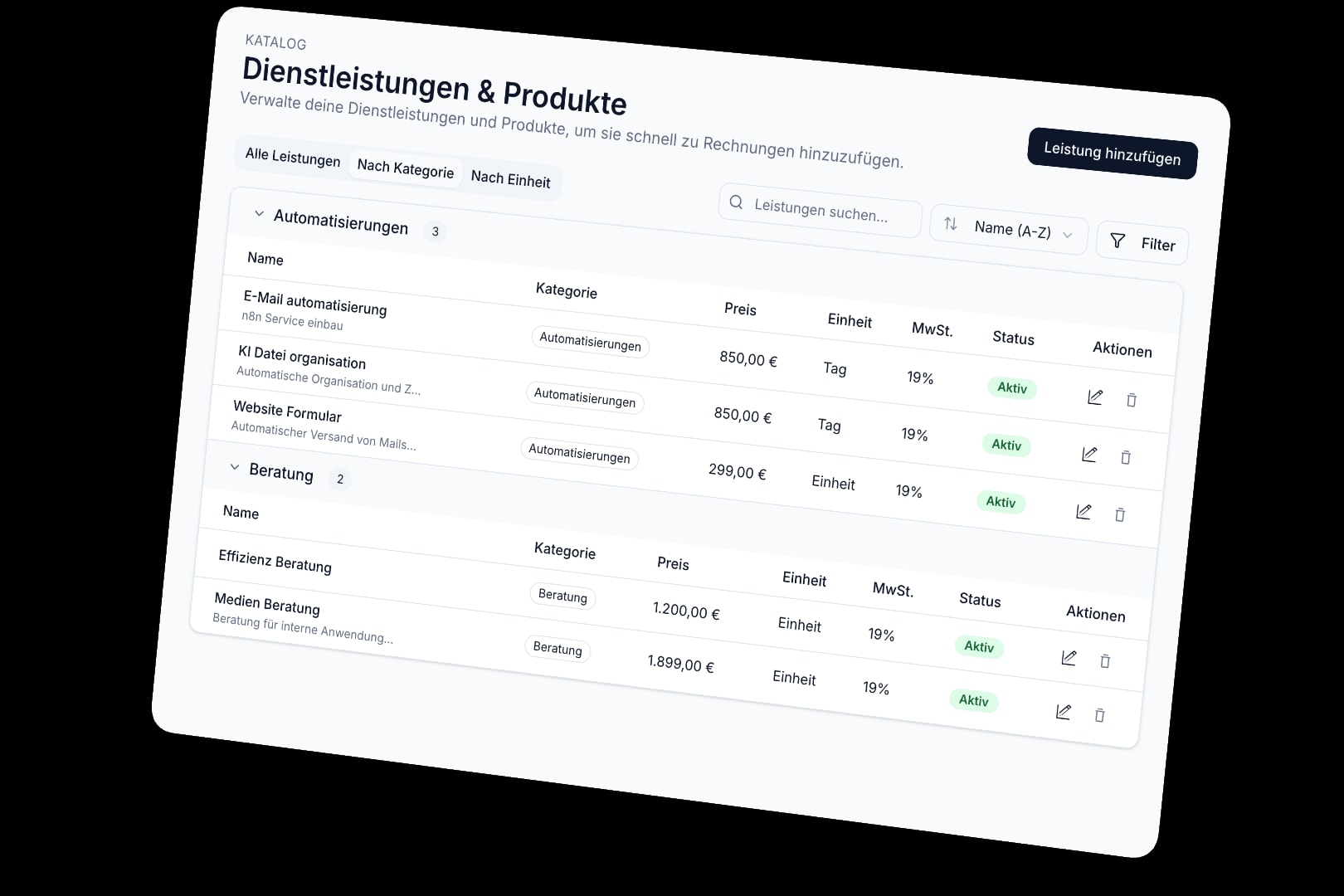 Leistungen, Dienstleistungen, Zahlungen